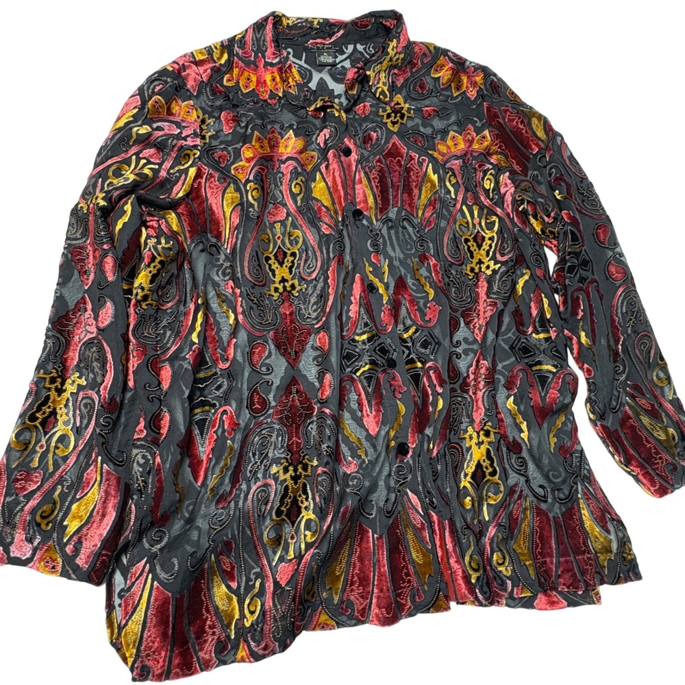 XL Burnout Velvet Devore Button Down NYPL Collection Shirt  Red Gold Paisley